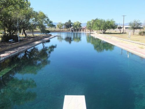 A serene outdoor swimming pool surrounded by trees and a clear blue sky, reflecting the calm water.