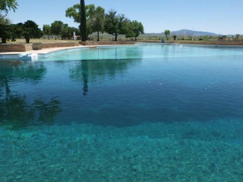A serene outdoor pool with clear blue water, surrounded by trees and mountains in the background.