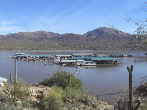 A scenic view of a marina on a calm lake, surrounded by mountains and desert vegetation under a clear blue sky.