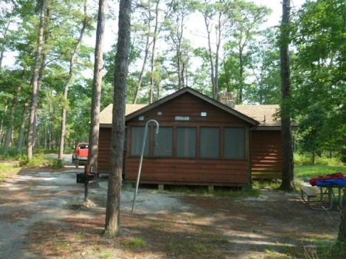 A rustic wooden cabin surrounded by tall trees, with a picnic table and a red vehicle parked nearby.