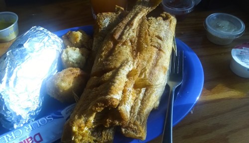 A blue plate with two fried fish fillets, a baked potato, hushpuppies, and dipping sauces on the side.