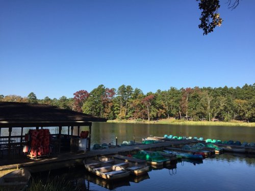A serene lake scene with colorful trees, boats docked, and a clear blue sky.