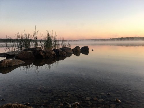A serene lake at dawn, with mist rising over the water and rocks, framed by tall grasses against a colorful sky.