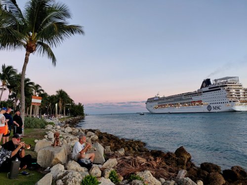 People relax by the water as a cruise ship passes by, with palm trees and a colorful sky in the background.
