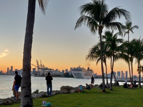 A sunset view of a cruise ship passing by a city skyline, with palm trees and people enjoying the waterfront park.