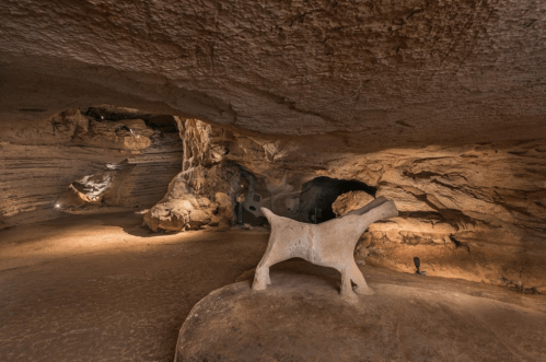 A cave interior featuring a stone sculpture of a dog on a rock, with textured walls and soft lighting.