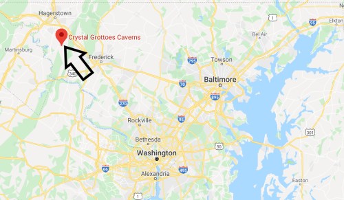 Map showing the location of Crystal Grottoes Caverns near Hagerstown, Maryland, with nearby cities and highways.