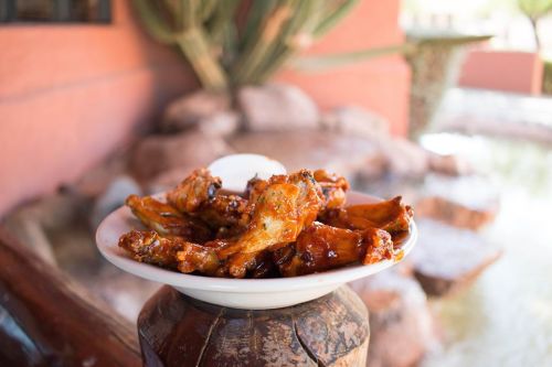A plate of glazed chicken wings served outdoors, with a decorative background of rocks and greenery.