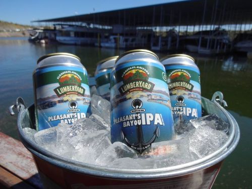 A bucket filled with ice holds several cans of Lumberyard Pleasant's Bayou IPA by a marina.