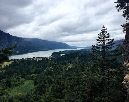 A scenic view of a river winding through lush green forests and mountains under a cloudy sky.