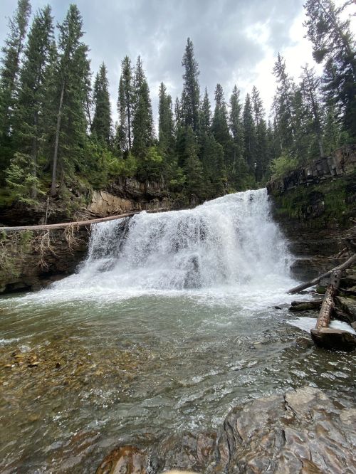 A serene waterfall cascades over rocks into a clear pool, surrounded by lush green trees and a cloudy sky.