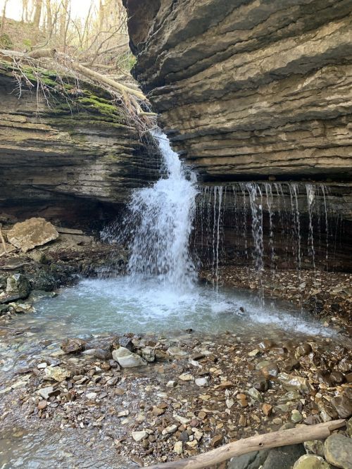 A small waterfall cascades over rocky cliffs into a serene pool surrounded by stones and greenery.