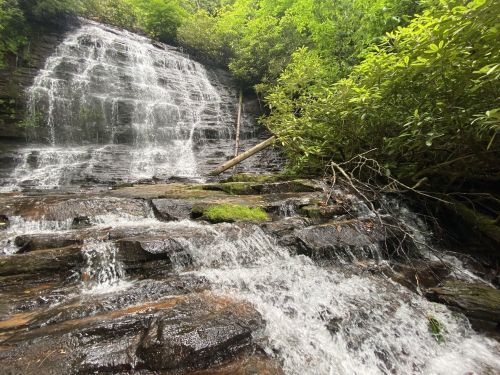 A serene waterfall cascading over rocky terrain, surrounded by lush green foliage and trees.