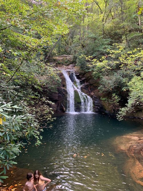 A serene waterfall cascades into a clear pool, surrounded by lush greenery and two people enjoying the water.