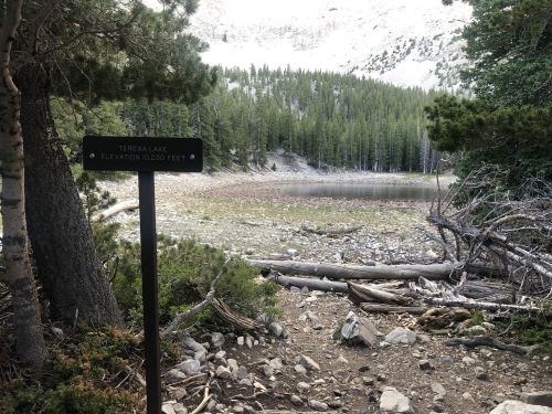 Sign for Teresa Lake at 10,230 feet elevation, surrounded by trees and rocky terrain. Lake is partially visible in the background.