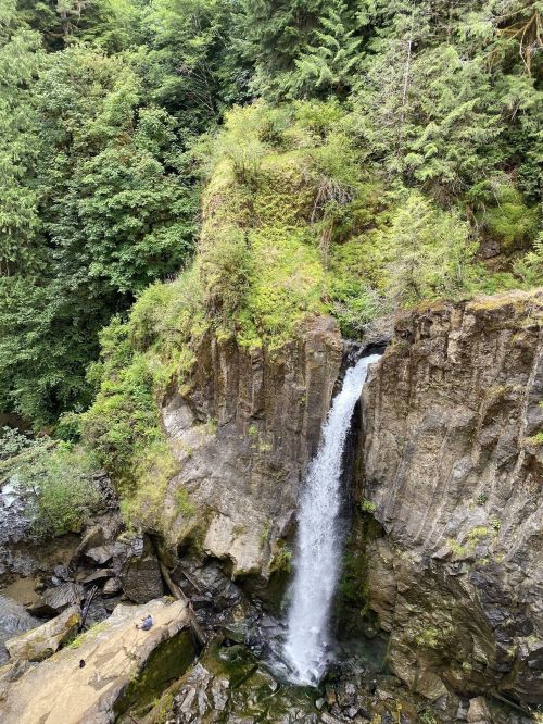 A waterfall cascades down rocky cliffs, surrounded by lush green trees and vegetation.