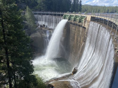 A large dam with water cascading over its edge, surrounded by trees and a scenic landscape.