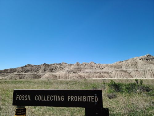 Sign reading "Fossil Collecting Prohibited" in front of rugged, layered hills under a clear blue sky.
