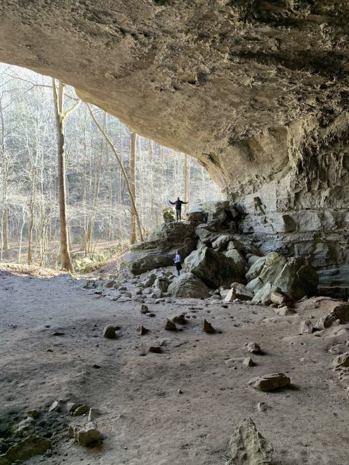 Two people stand inside a large cave, surrounded by rocks and trees, with sunlight streaming in from the entrance.