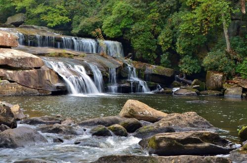 A serene waterfall cascades over rocks into a calm pool, surrounded by lush green trees and foliage.