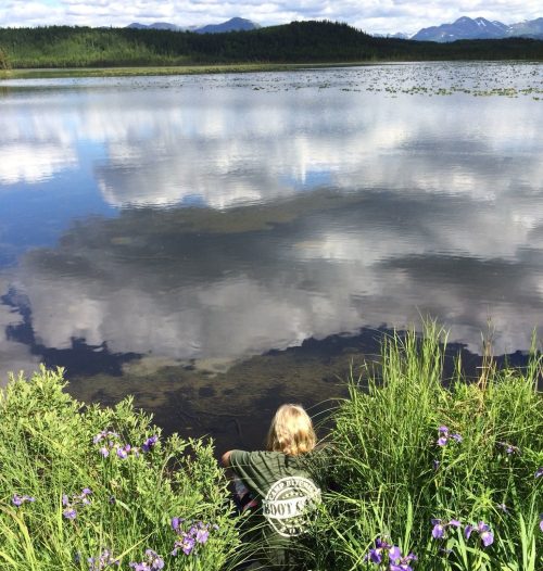 A person sits by a serene lake surrounded by green grass and purple flowers, reflecting clouds in the water.