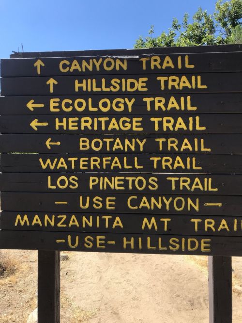 Signpost with trail directions: Canyon, Hillside, Ecology, Heritage, Botany, Waterfall, Los Pinetos, Manzanita Mt.