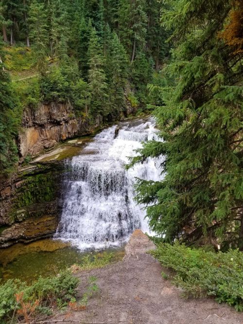 A serene waterfall cascades down rocky cliffs, surrounded by lush green trees and foliage.