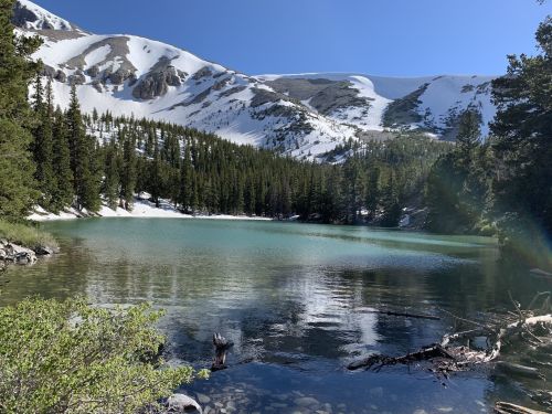 A serene lake surrounded by snow-capped mountains and lush green trees under a clear blue sky.