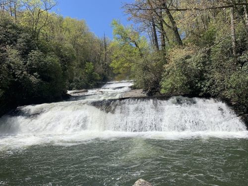 A serene waterfall cascades over rocky ledges, surrounded by lush green trees under a clear blue sky.