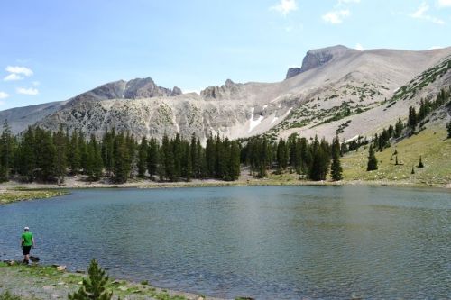 A serene lake surrounded by mountains and pine trees, with a person standing by the water's edge on a sunny day.
