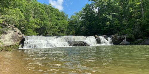 A serene waterfall cascading into a calm pool, surrounded by lush green trees under a clear blue sky.