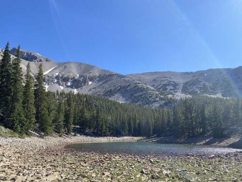 A serene mountain landscape featuring a clear lake surrounded by rocky terrain and tall evergreen trees under a blue sky.