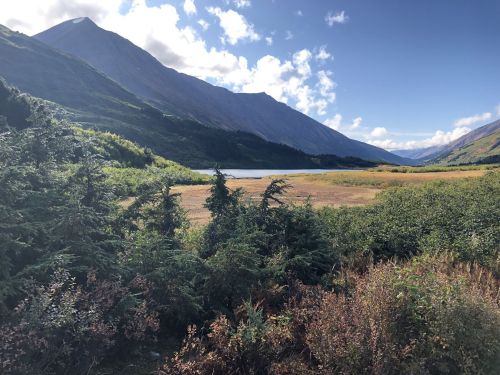 A scenic landscape featuring mountains, a lake, and lush greenery under a blue sky with scattered clouds.