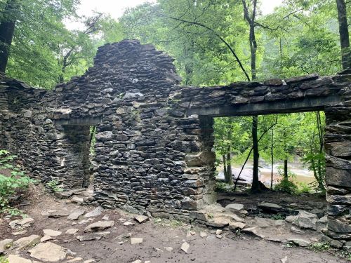 Ruins of a stone structure surrounded by lush green trees and a river in the background.