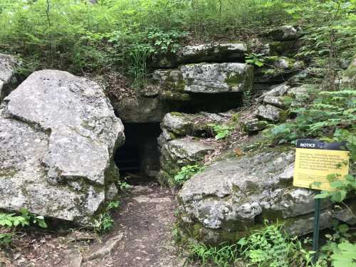 A rocky entrance to a cave surrounded by greenery, with a notice sign nearby.