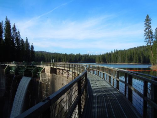 A dam with water flowing over it, surrounded by trees and a calm lake under a clear blue sky.