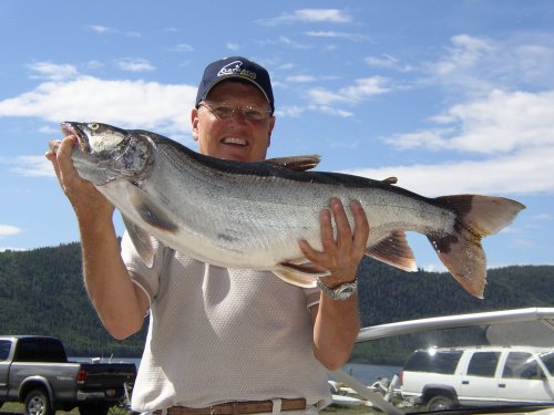 A smiling man holds a large fish outdoors, with a lake and mountains in the background.