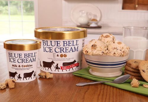 Two tubs of Blue Bell ice cream, one Milk & Cookies flavor, with a bowl of ice cream, cookies, and a glass of milk.