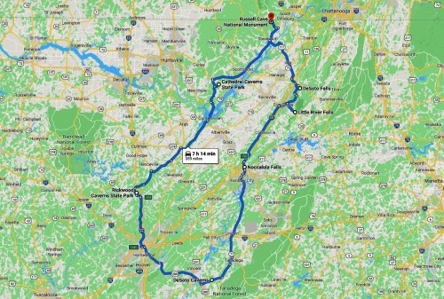 Map showing a route through Russell Cave National Monument, Cathedral Caverns State Park, and surrounding areas.