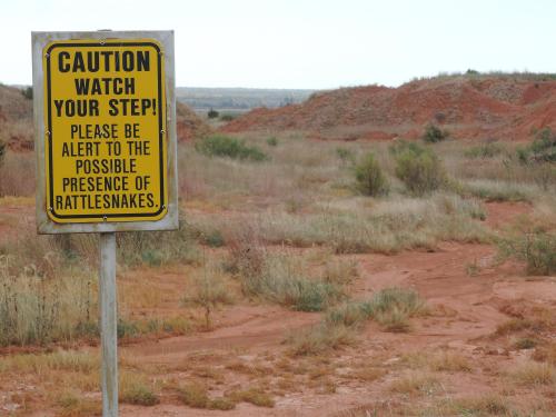 A warning sign in a grassy area advises caution for rattlesnakes, with red soil and hills in the background.