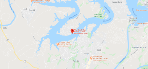 Map showing the location of The Gravy Gar, a floating Southern eatery with live bands, near Arkansas Bend Park.
