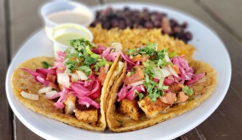 Two tacos filled with grilled chicken, topped with pink pickled onions, tomatoes, and cilantro, served with rice and beans.