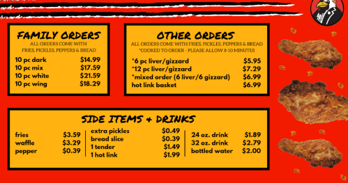 Menu featuring family and other orders with prices for chicken, sides, and drinks on a vibrant red background.