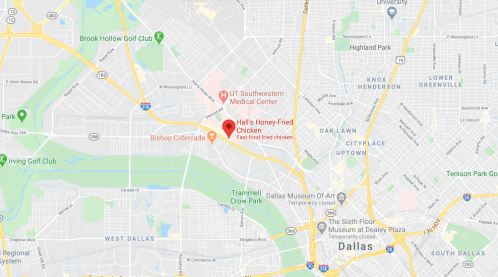 Map of Dallas highlighting Hall's Honey-Fried Chicken near UT Southwestern Medical Center and other landmarks.