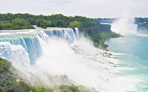 A stunning view of Niagara Falls, showcasing cascading water and lush greenery along the riverbank.