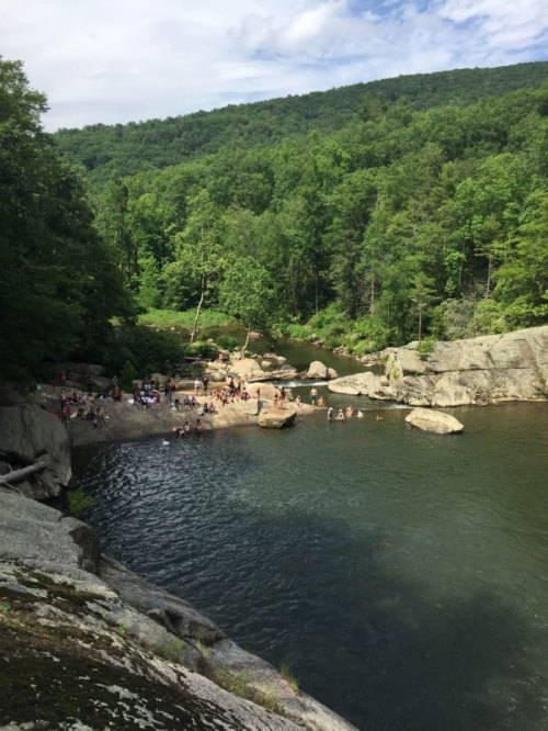 A scenic view of a river surrounded by lush greenery, with people enjoying the water and rocky shoreline.