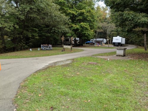 A winding road leads through a wooded area with parked RVs and a small gathering space.