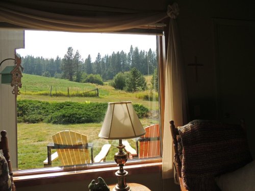 A cozy interior view through a window, showcasing a green landscape with trees and outdoor chairs.