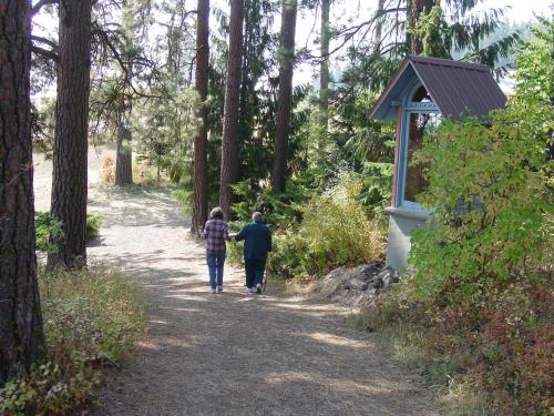 Two people walking down a wooded path, surrounded by tall trees and greenery, with a small structure nearby.