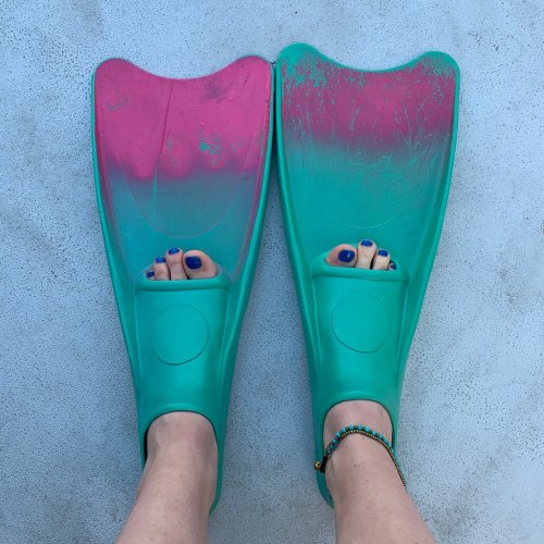 A pair of teal and pink snorkeling fins worn on feet with painted toenails, resting on a light surface.